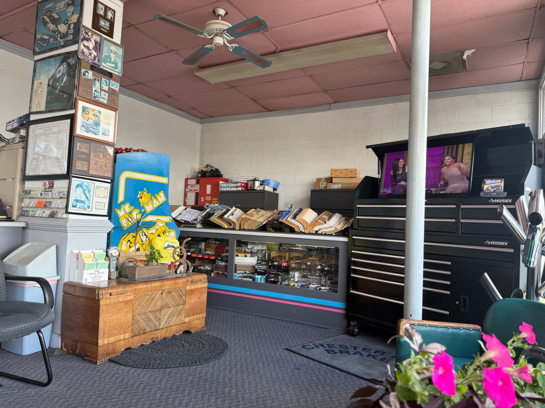 Customer lounge and memorabilia inside Chester Muffler & Brake